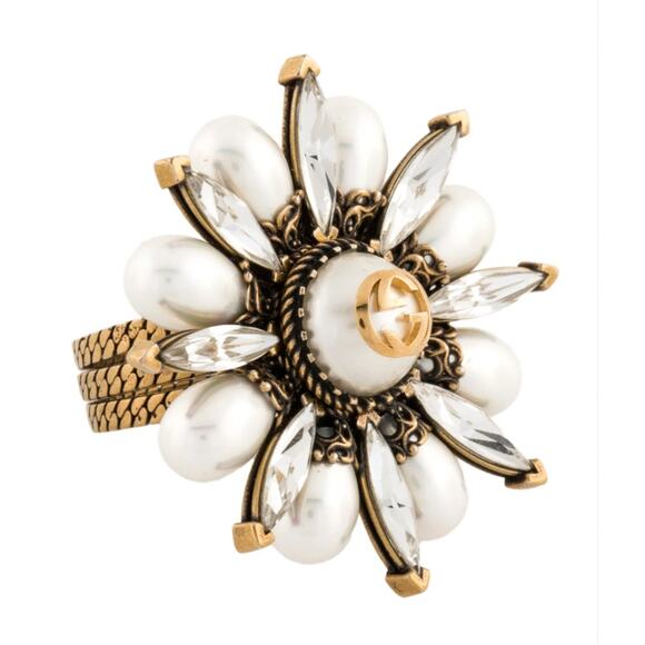 Gucci Statement Interlocking Flower Cocktail Crystal Ring Set - Picture 1 of 8